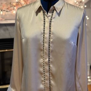 Express - satin Portofino slim cut size L blouse. Swan color with mesh d…